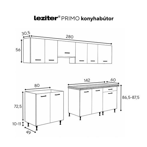 Primo 280 konyhabútor fehér, chromix munkalappal