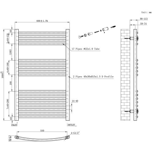 Íves törölközőszárító radiátor 1000x600 mm fekete