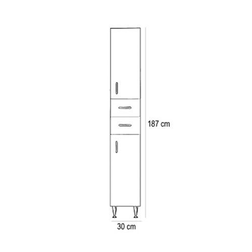 Bianca Plus 30 magas szekrény 2 ajtóval, 2 fiókkal, magasfényű fehér színben, jobbos