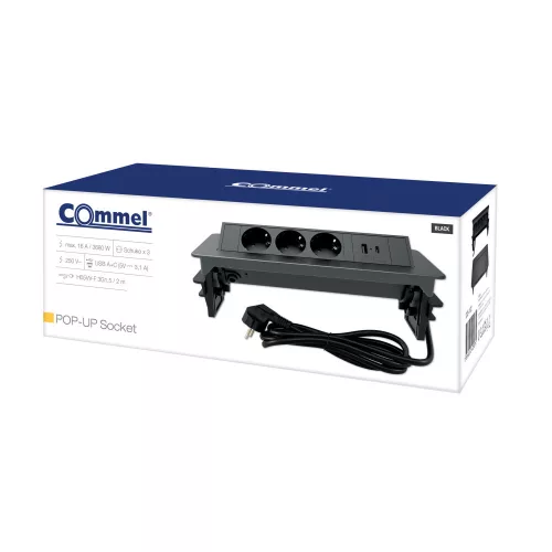 Commel bútorba süllyeszthető, rejtett elosztó 3 db aljzat, USB A+C fekete, 16A 3680W