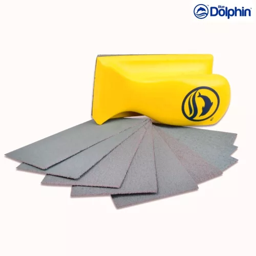 Blue Dolphin kézi csiszolóblokk szett téglalap alakú, tépőzáras, 10 db csiszolópapírral, 70x125 mm