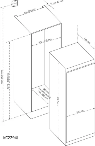 Kluge beépíthető egyajtós hűtőszekrény, 162L/16L