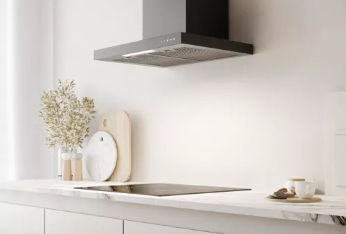 Kluge fali T-alakú fekete páraelszívó, 60cm, üvegfront