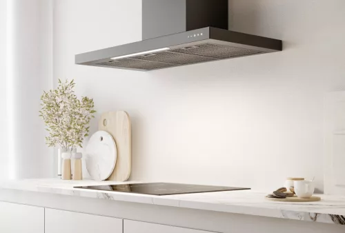 Kluge fali T-alakú fekete páraelszívó, 90cm, üvegfront