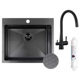   LAVEO MALAWI fekete színű, struktúrált felületű beépíthető inox mosogató szifonnal, RIVECO vízszűrős szettel, 50x58x20 cm