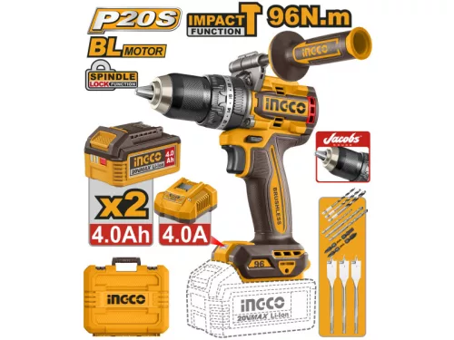 INGCO Akkus ütvefúró-csavarozó 96 Nm szénkefe nélküli 20 V (2 x 4,0 Ah akku + töltő)