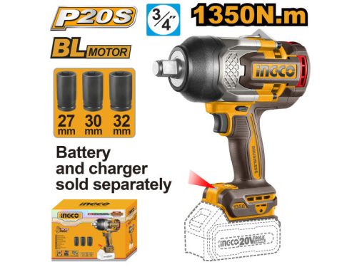 INGCO Akkus ütvecsavarozó 3/4" 1350 Nm szénkefe nélküli 20 V (akku és töltő nélkül)