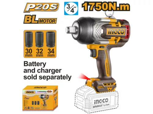 INGCO Akkus ütvecsavarozó 3/4" 1750 Nm szénkefe nélküli 20 V (akku és töltő nélkül)