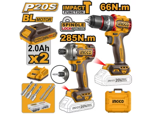 INGCO Akkus erőcsomag 20 V Ütvefúró-csavarozó 66 Nm+Ütvecsavarozó 1/4" 285 Nm (2 db akku + töltő)
