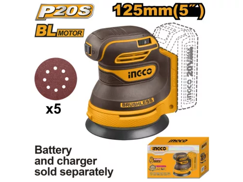 INGCO Akkus excentercsiszoló 125 mm szénkefe nélküli 20 V (akku és töltő nélkül)