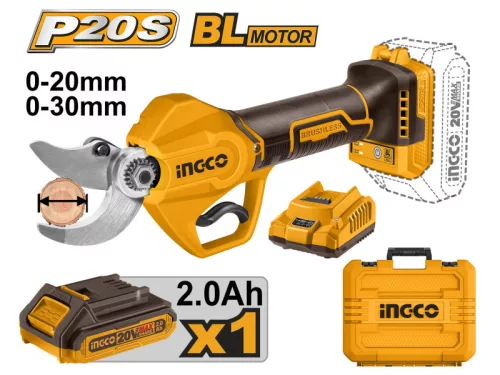 INGCO Akkus metszőolló 30 mm szénkefe nélküli 20 V (1 x 2,0 Ah akku + töltő)