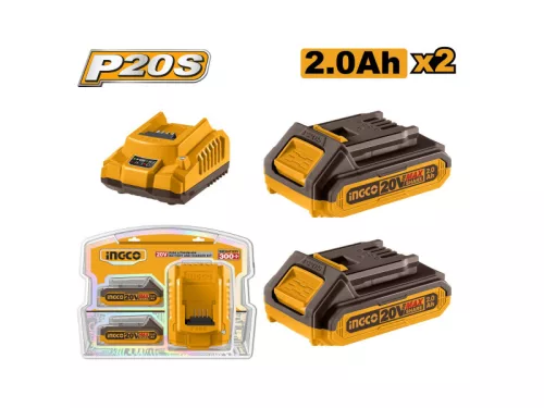 INGCO Akkumulátor és töltő szett 20 V (2 x 2,0 Ah akku + 2,0 A töltő)