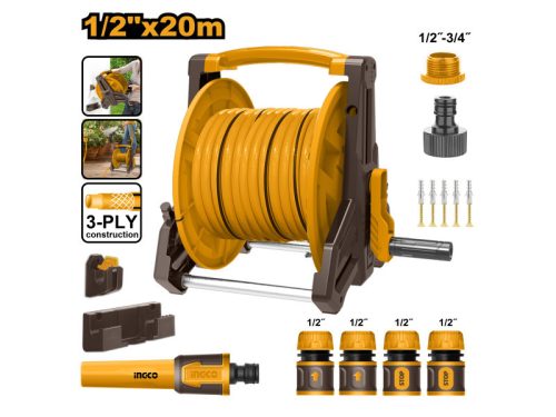 INGCO Tömlőtartó kocsi szett (1 x 20 m tömlő + 9 részes locsolástechnikai készlet)