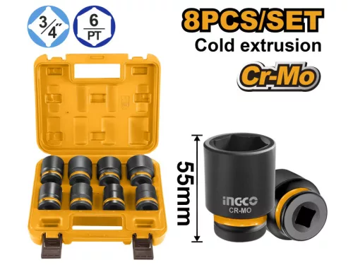 INGCO Gépi dugókulcs készlet 8 részes 3/4" 26-38 mm CrMo