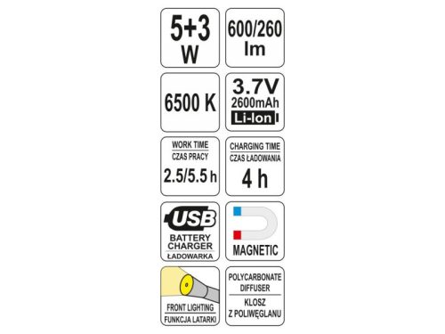 YATO Akkus szerelő LED lámpa 5 W+3 W