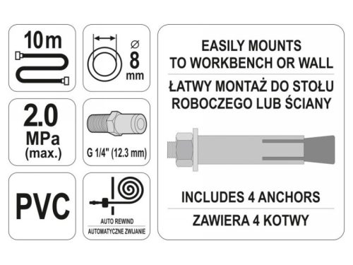 YATO Automata pneumatikus tömlődob 8 mm x 10 m
