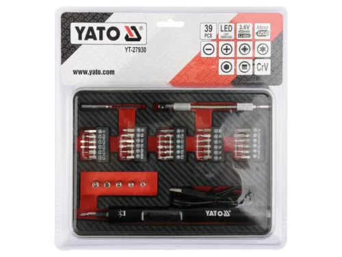 YATO Akkus precíziós csavarozó és bithegy készlet 39 részes 3,6 V Li-Ion (0,45 Ah akku + töltőkáb
