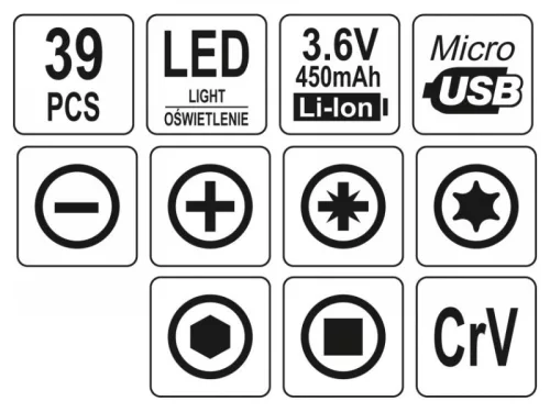 YATO Akkus precíziós csavarozó és bithegy készlet 39 részes 3,6 V Li-Ion (0,45 Ah akku + töltőkáb