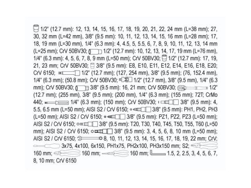 YATO Szerszámkészlet 129 részes 1/4", 3/8", 1/2" CrV CrMo