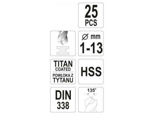 YATO Csigafúró készlet 25 részes 1-13 mm HSS-TiN