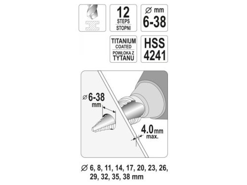 YATO Lépcsős fúró 6-38 mm 12 lépcsős HSS titán-nitrid