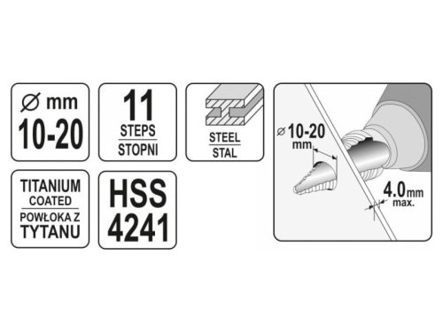 YATO Lépcsős fúró 10-20 mm 11 lépcsős HSS titán-nitrid