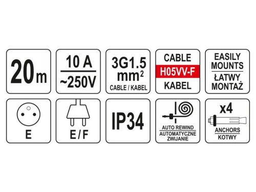 YATO Automata kábeldob falra szerelhető 20 m 3 x 1,5 mm2