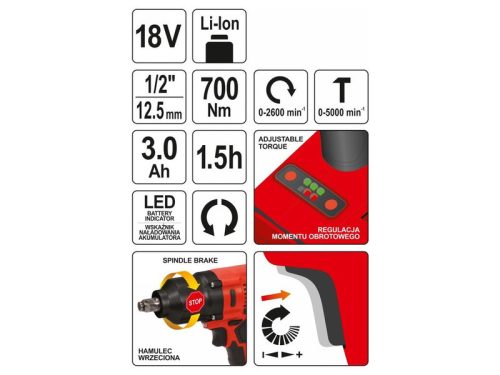 YATO Akkus ütvecsavarozó 1/2" 700 Nm szénkefe nélküli 18 V (1 x 3,0 Ah akku + töltő)