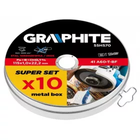   VÁGÓKORONG KÉSZLET GRAPHITE 55H570 115x 1.0 x 22.2 MM, 41 A60-T-BF, INOX / 10 DB