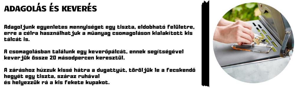 Gorilla Epoxy adagolási és keverési útmutató – kézzel történő keverés műanyag felületen, szöveges instrukciókkal: keverés keverőpálcával, fecskendő lezárása, tisztítás, kupak visszahelyezése