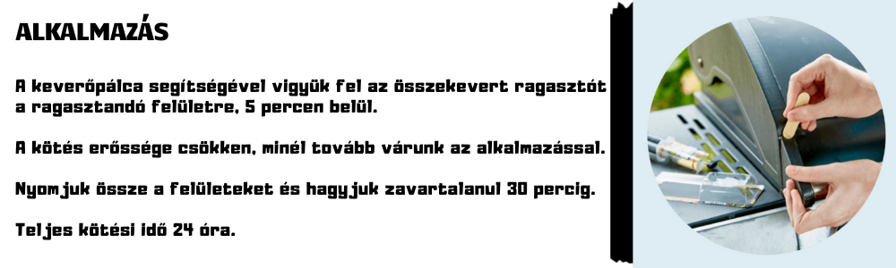 Gorilla Epoxy használata – kéz keverőpálcával ragasztót visz fel két felület találkozásához, epoxy fecskendő a háttérben, szöveges utasításokkal: alkalmazás 5 percen belül, préselés, 30 perces fixálás, 24 órás kötési idő.
